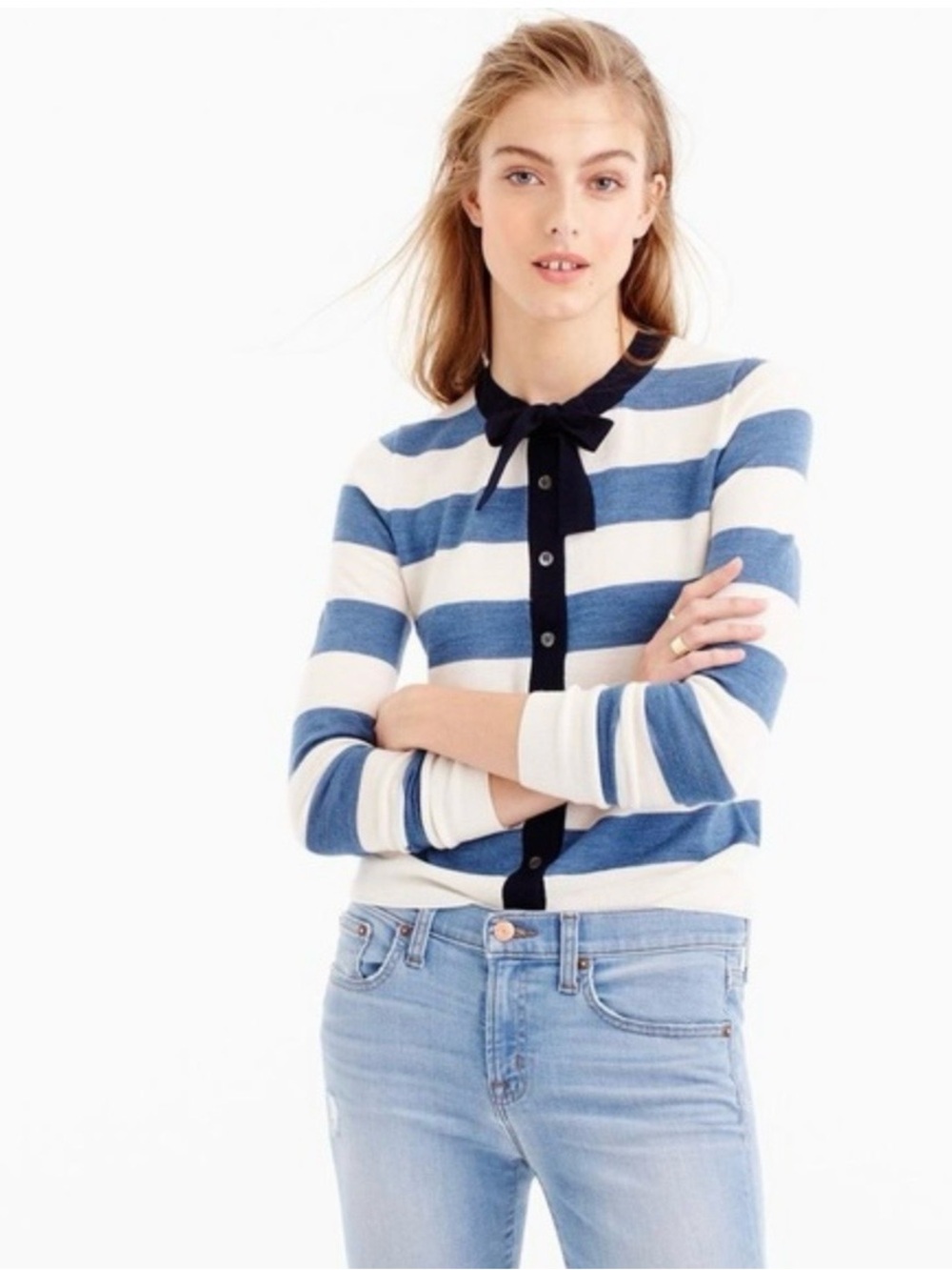 J. Crew Merino Wool Tie Neck Jackie Cardigan in Blue/Ivory Stripe Size XS